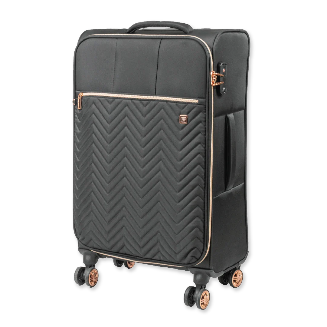 Black suitcase with rose gold accents on a white background