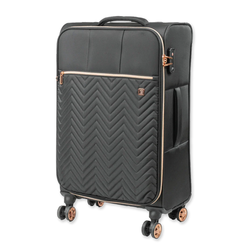Black suitcase with rose gold accents on a white background