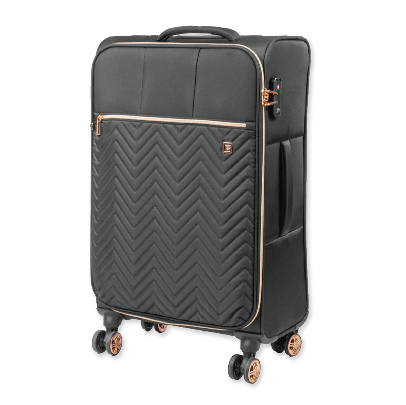 Black suitcase with rose gold accents on a white background