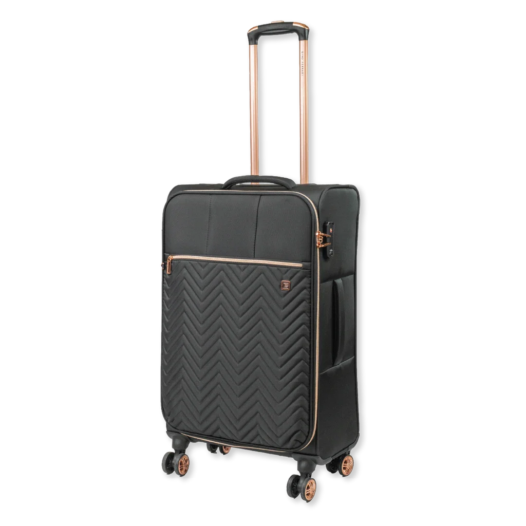 Black suitcase with rose gold accents on a white background