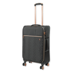 Black suitcase with rose gold accents on a white background