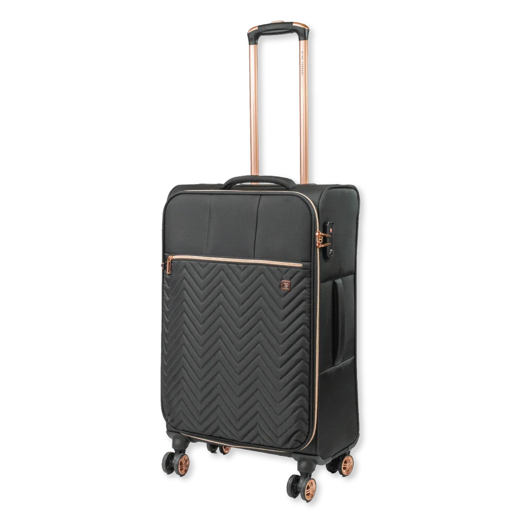 Black suitcase with rose gold accents on a white background