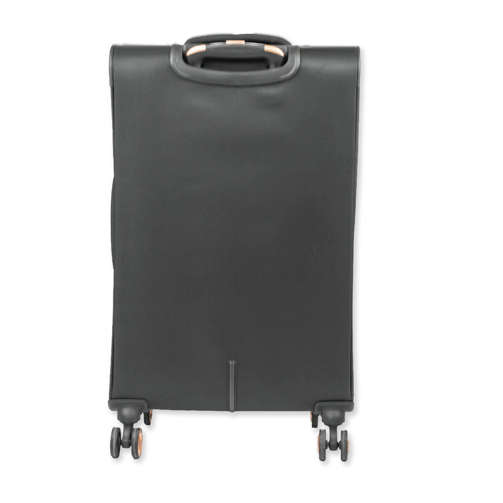 Black suitcase with wheels on a white background