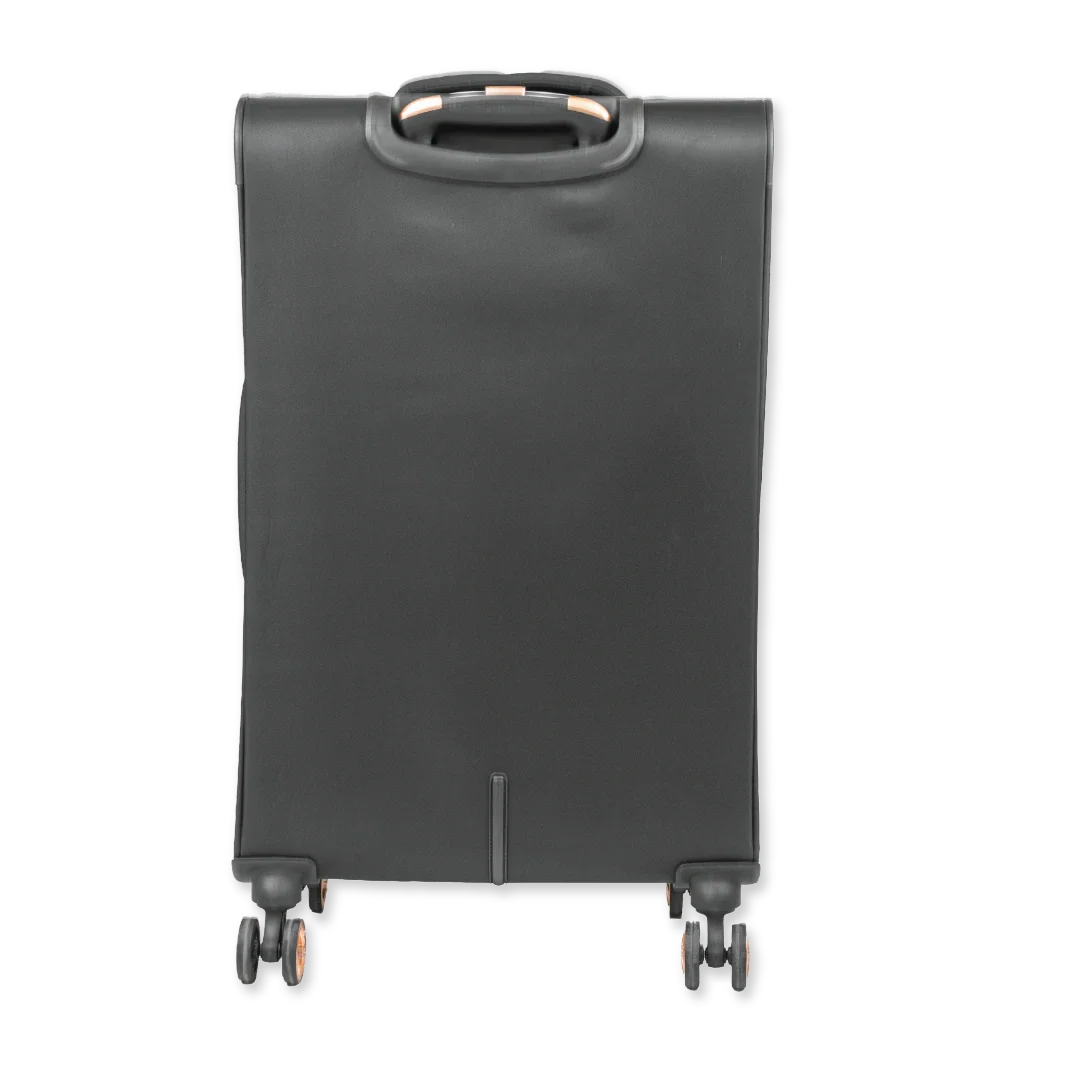 Black suitcase with wheels on a white background
