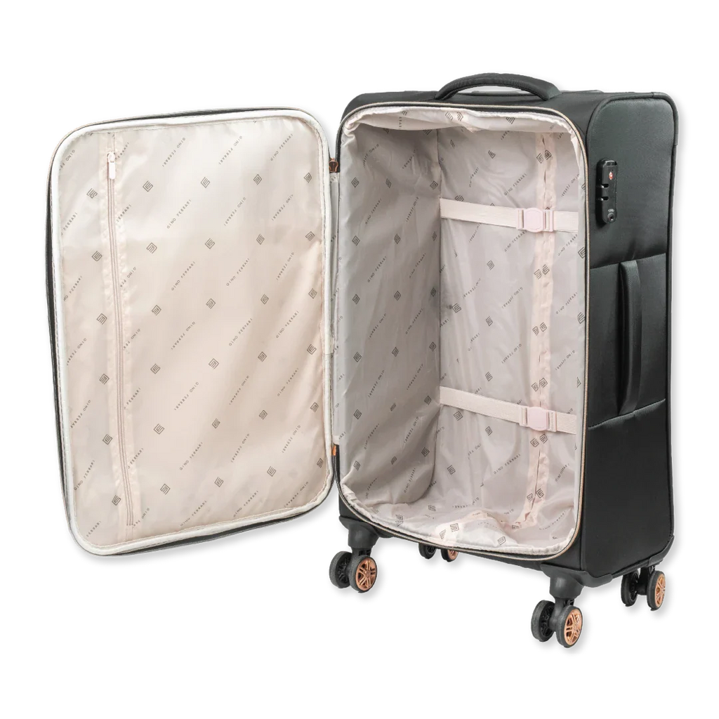 Black suitcase with open lid showing quilted interior on a white background