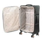 Black suitcase with open lid showing quilted interior on a white background