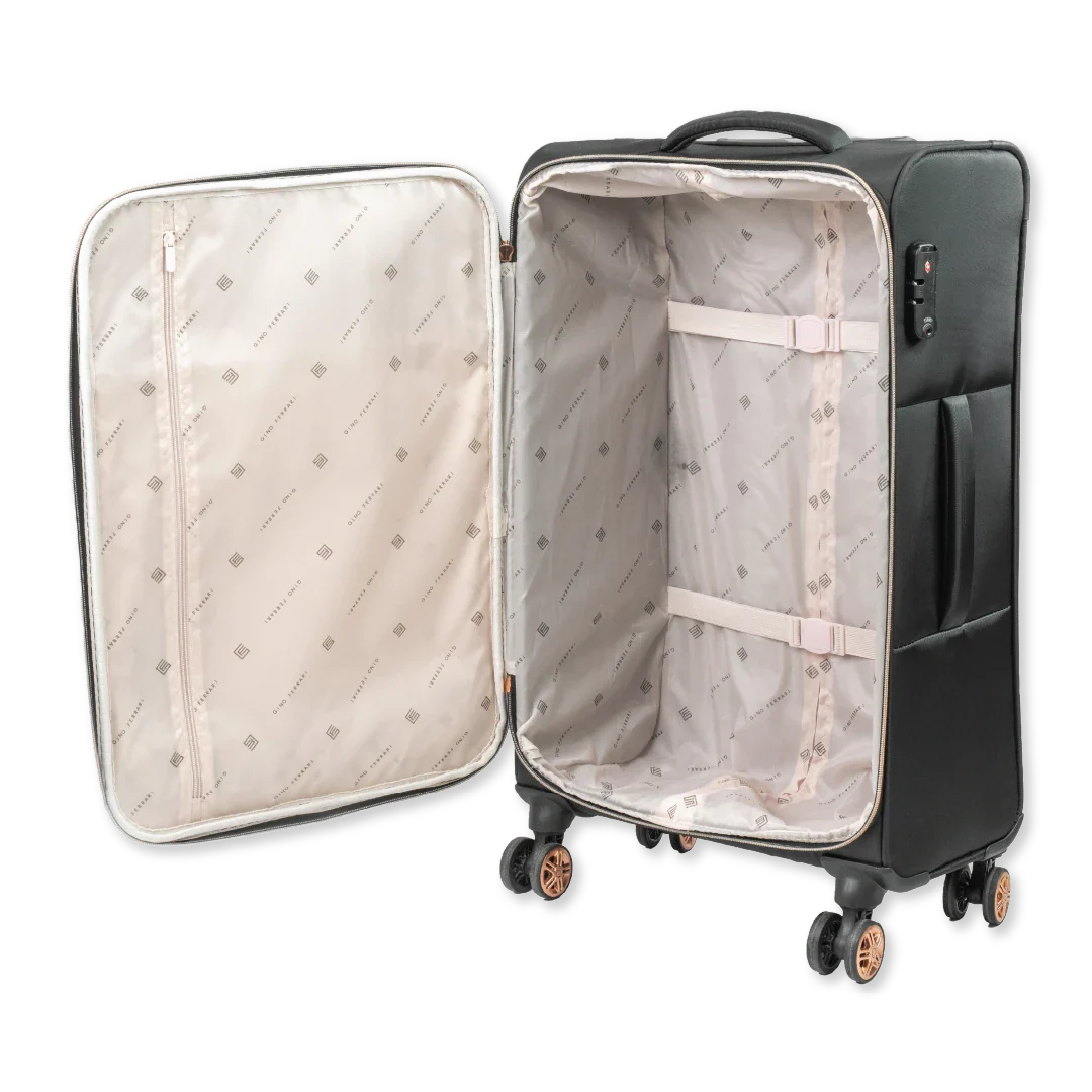 Black suitcase with open lid showing quilted interior on a white background
