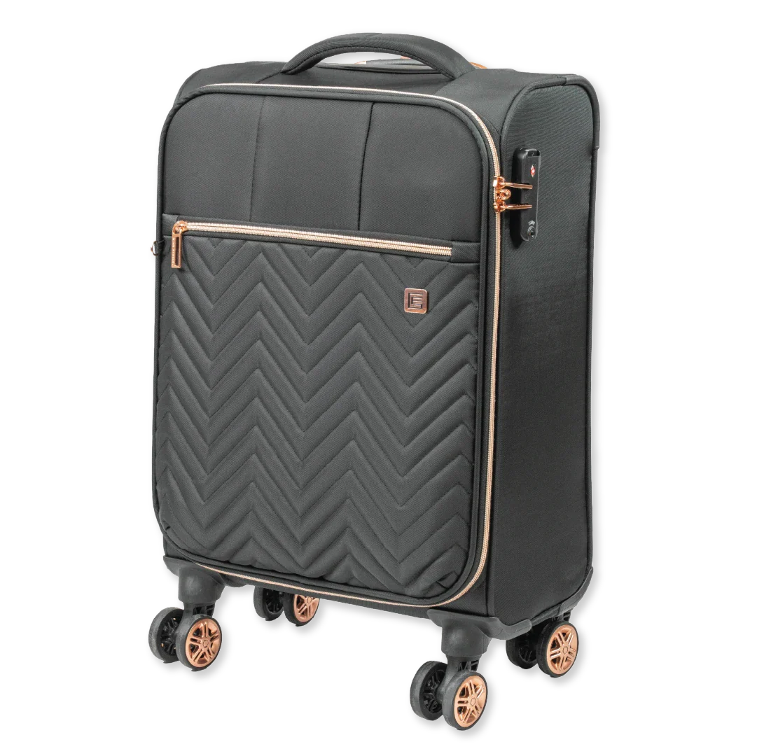Black suitcase with rose gold accents on a white background