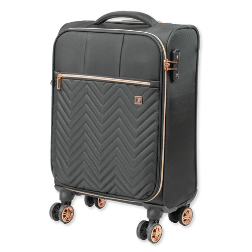Black suitcase with rose gold accents on a white background