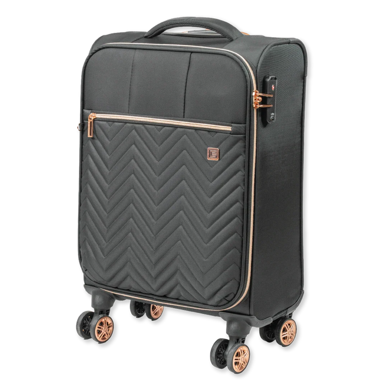 Black suitcase with rose gold accents on a white background
