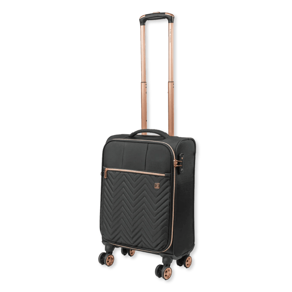 Black suitcase with rose gold accents on a white background