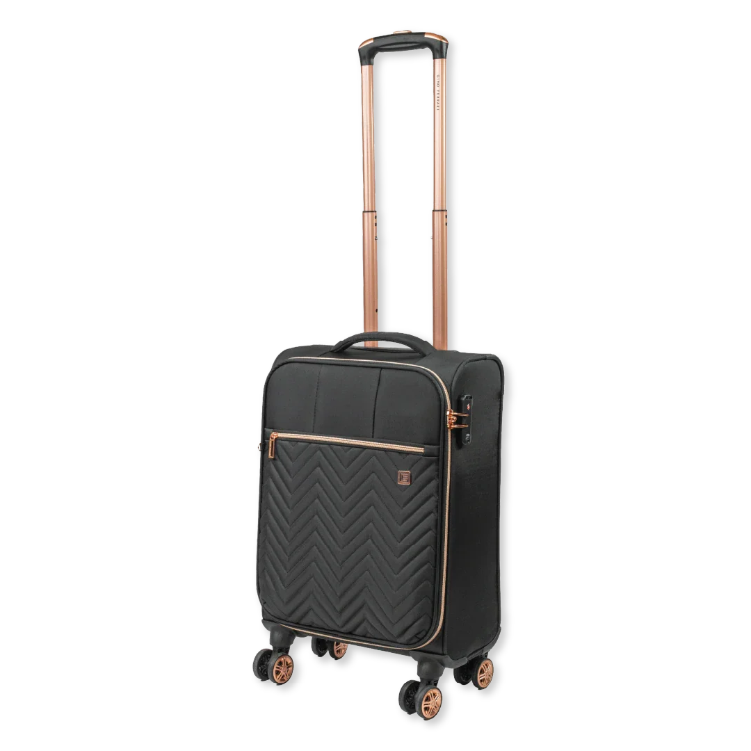 Black suitcase with rose gold accents on a white background