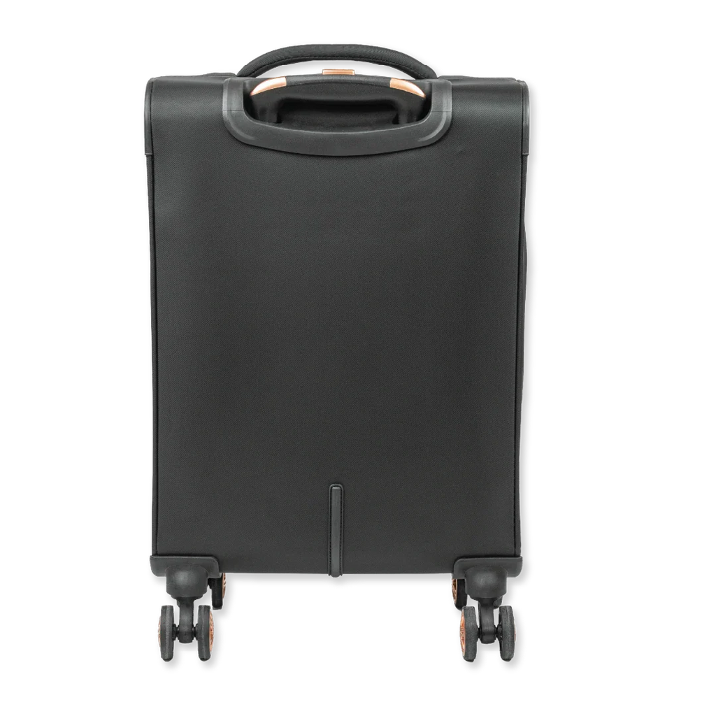 Black suitcase with wheels on a white background