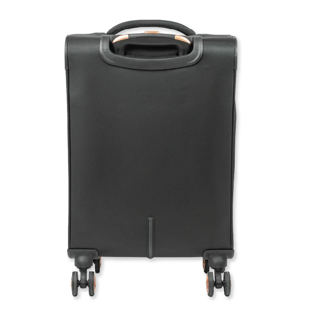 Black suitcase with wheels on a white background