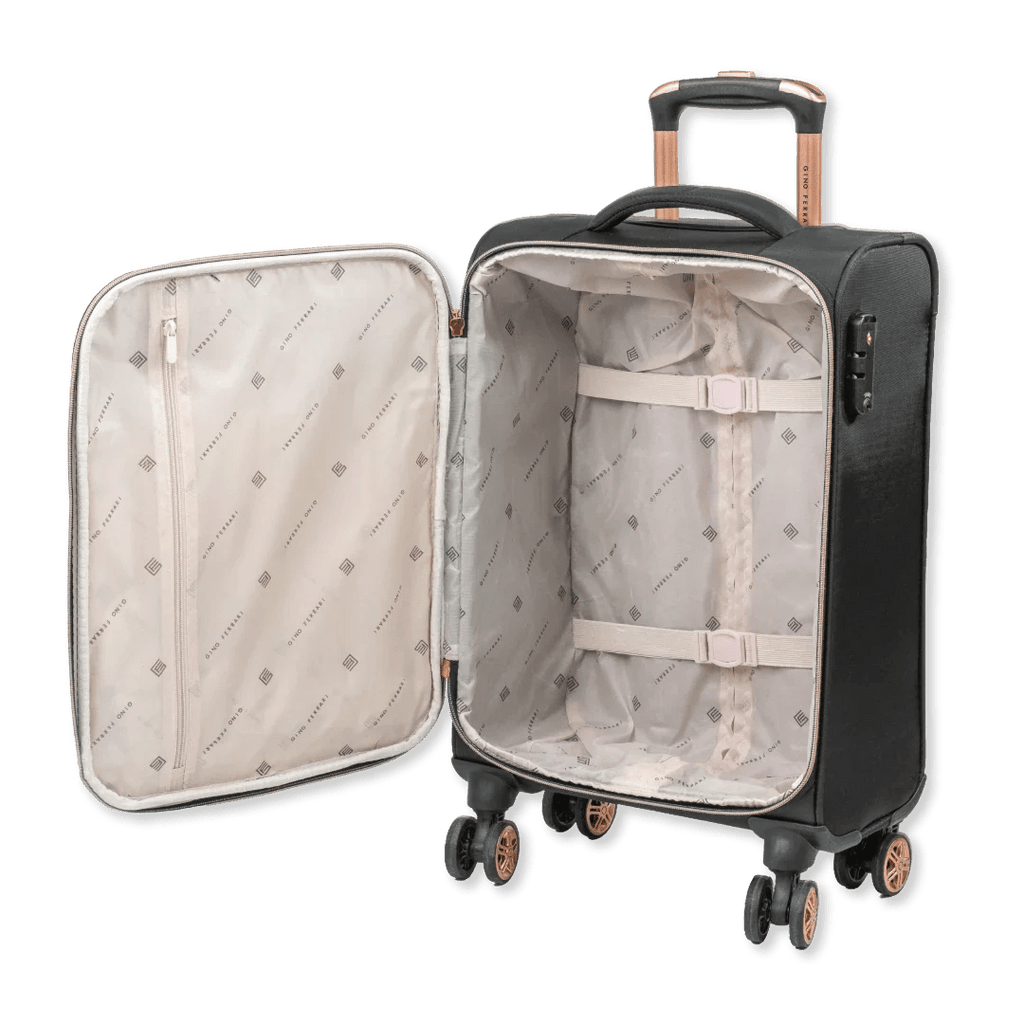 Black suitcase with open lid showing interior on a white background