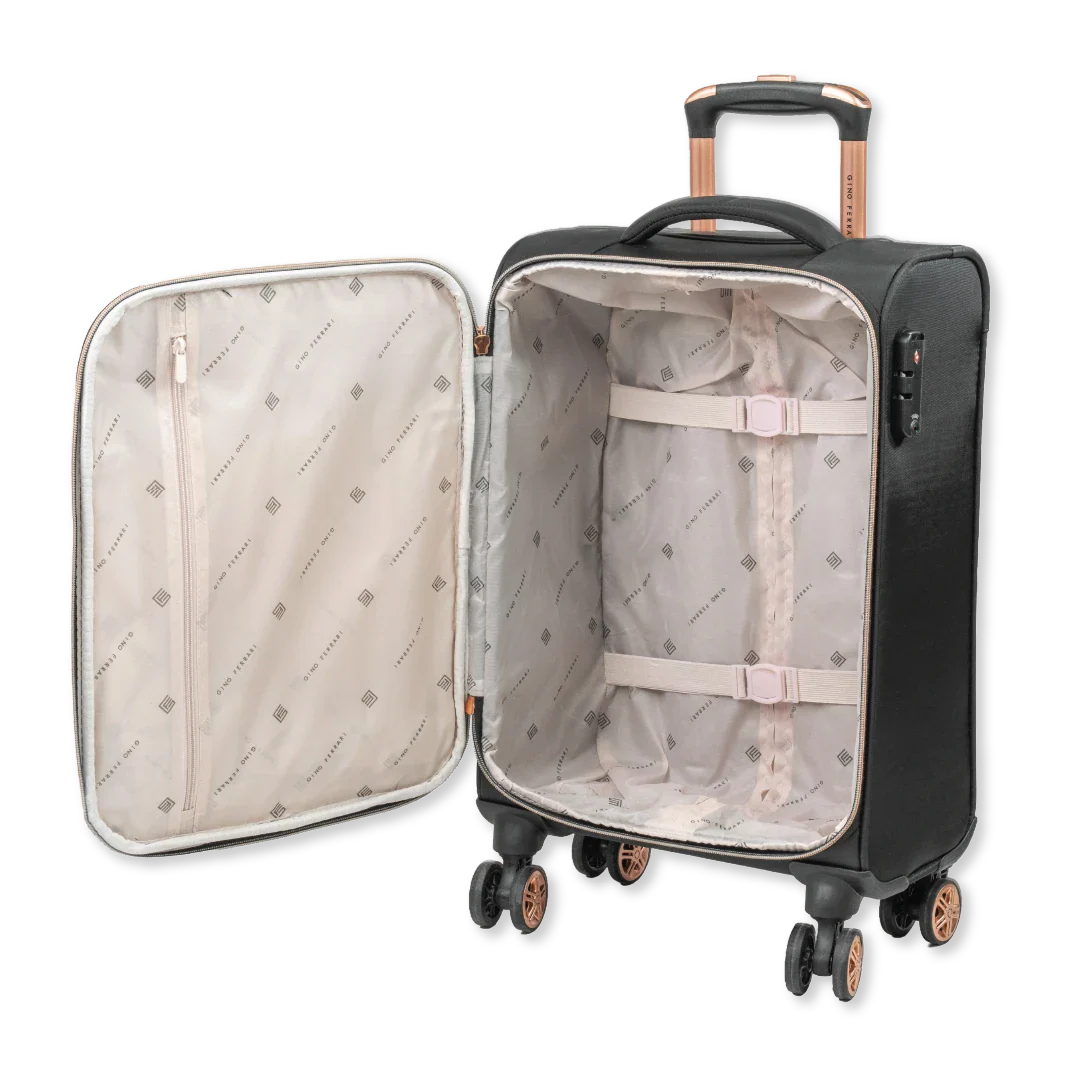 Black suitcase with open lid showing interior on a white background