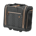 Black suitcase with rose gold accents on a white background