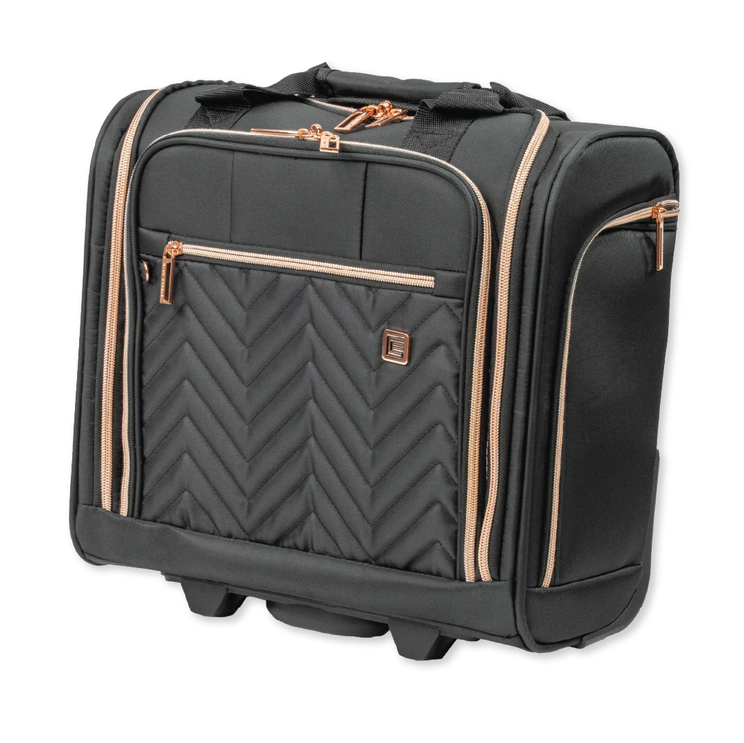 Black suitcase with rose gold accents on a white background