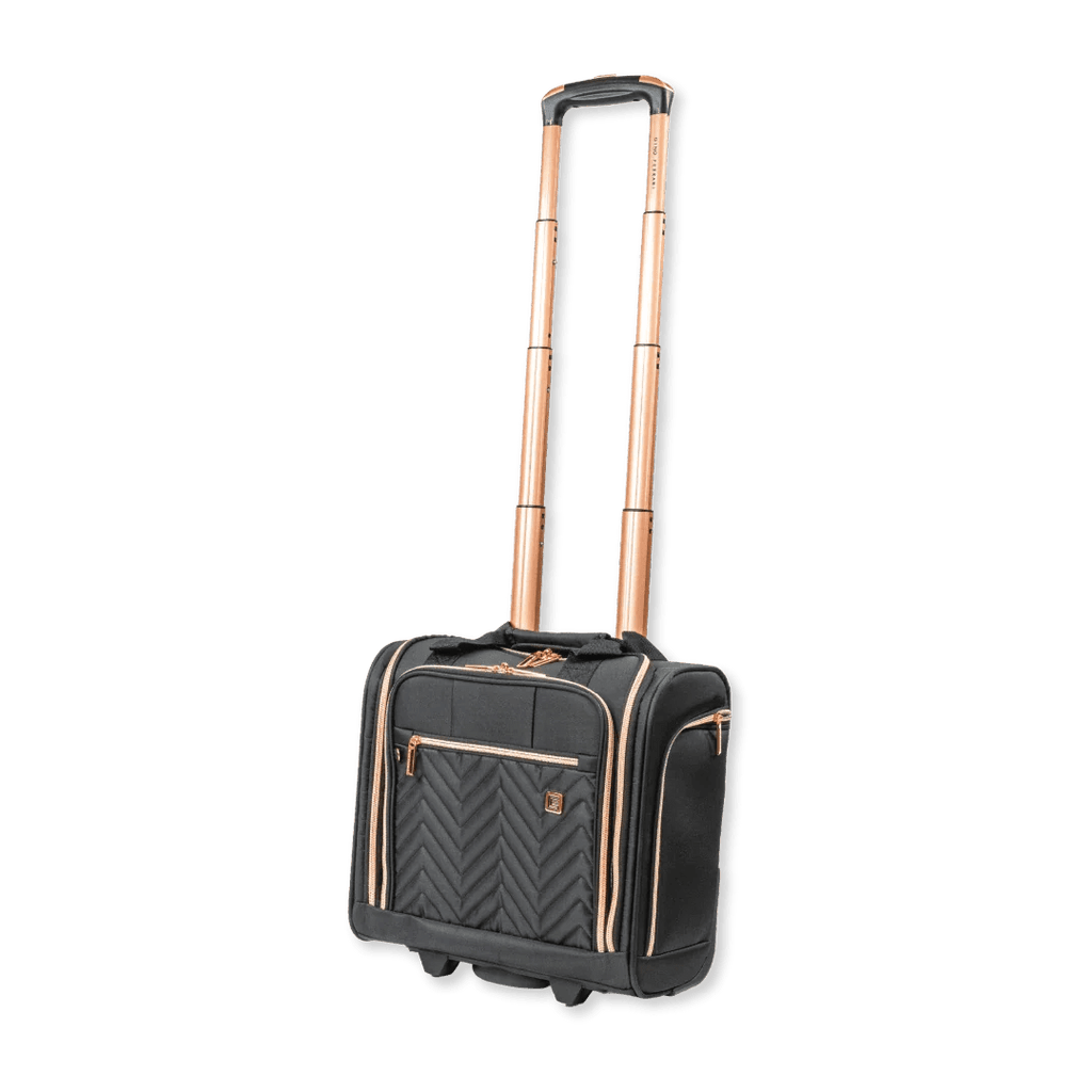 Black suitcase with rose gold accents on a white background