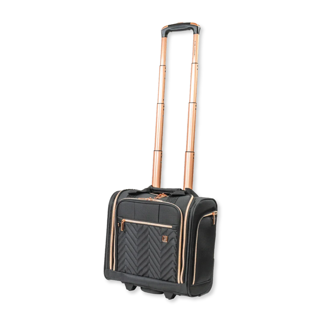 Black suitcase with rose gold accents on a white background