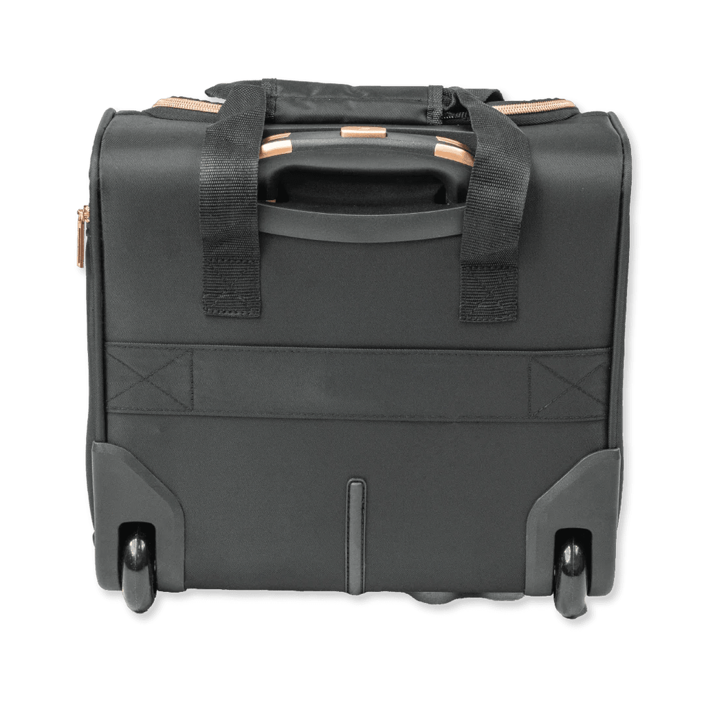 Black rolling suitcase with rose gold accents on a white background