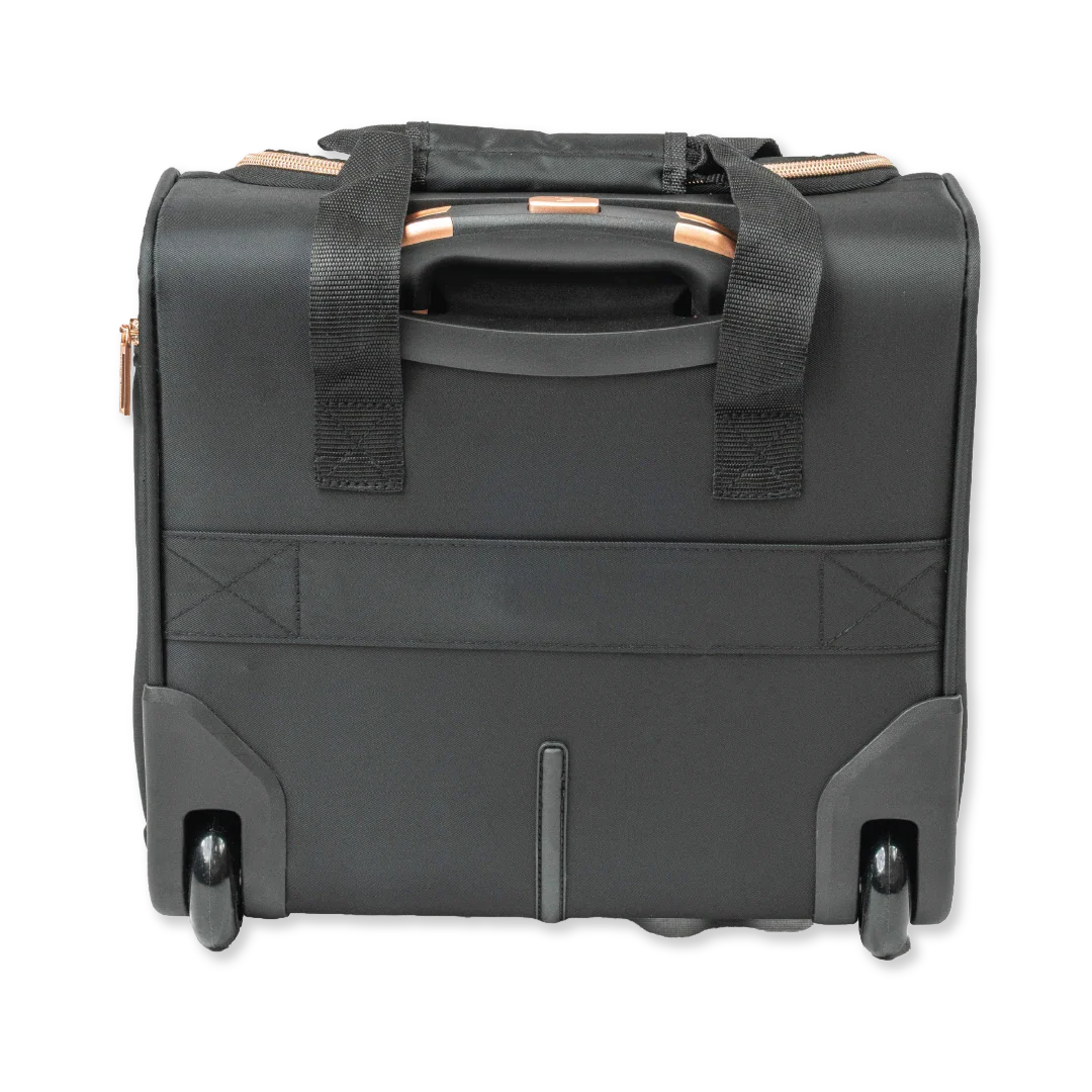 Black rolling suitcase with rose gold accents on a white background