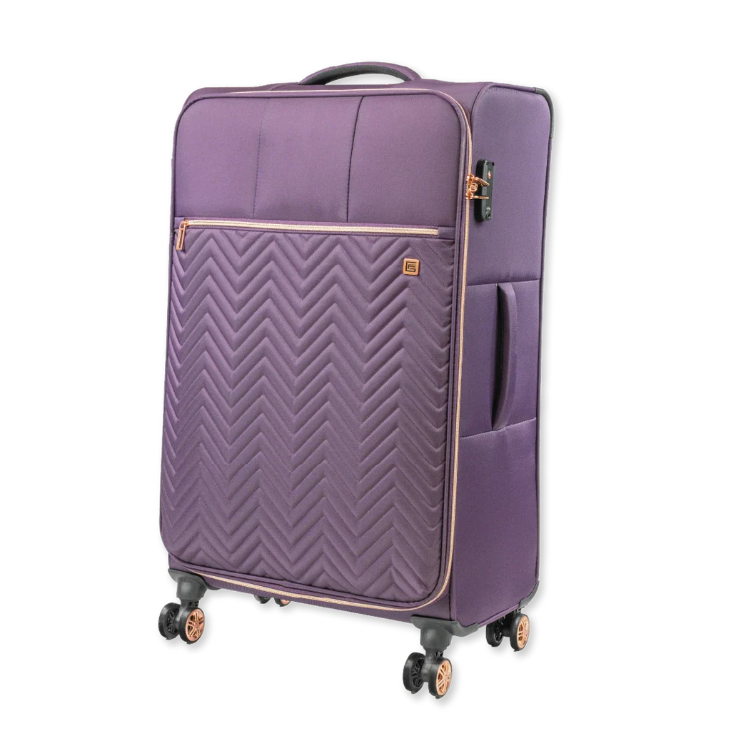 Purple suitcase with a chevron pattern on a white background
