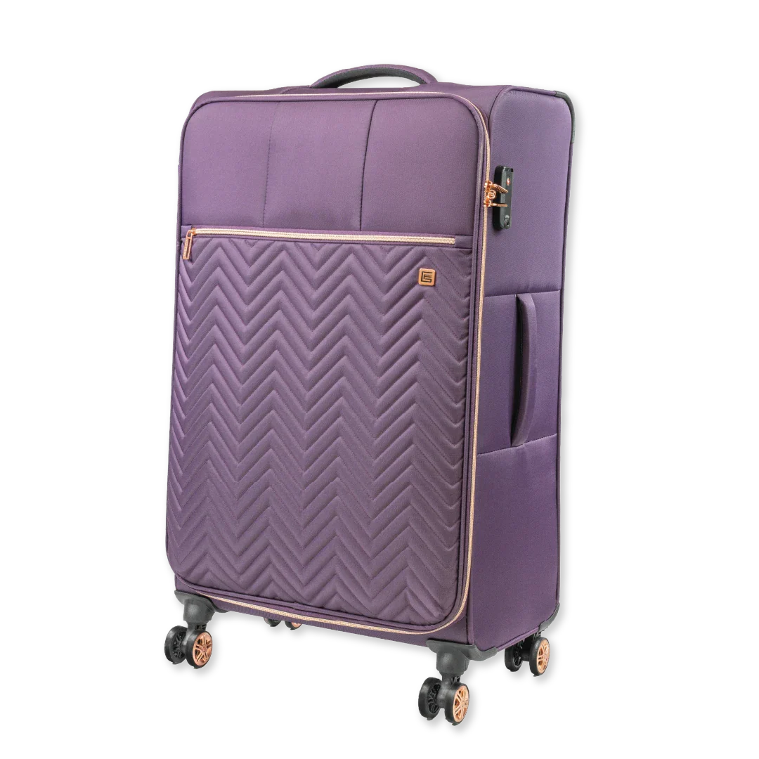 Purple suitcase with a chevron pattern on a white background