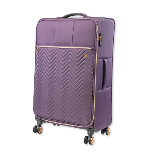 Purple suitcase with a chevron pattern on a white background