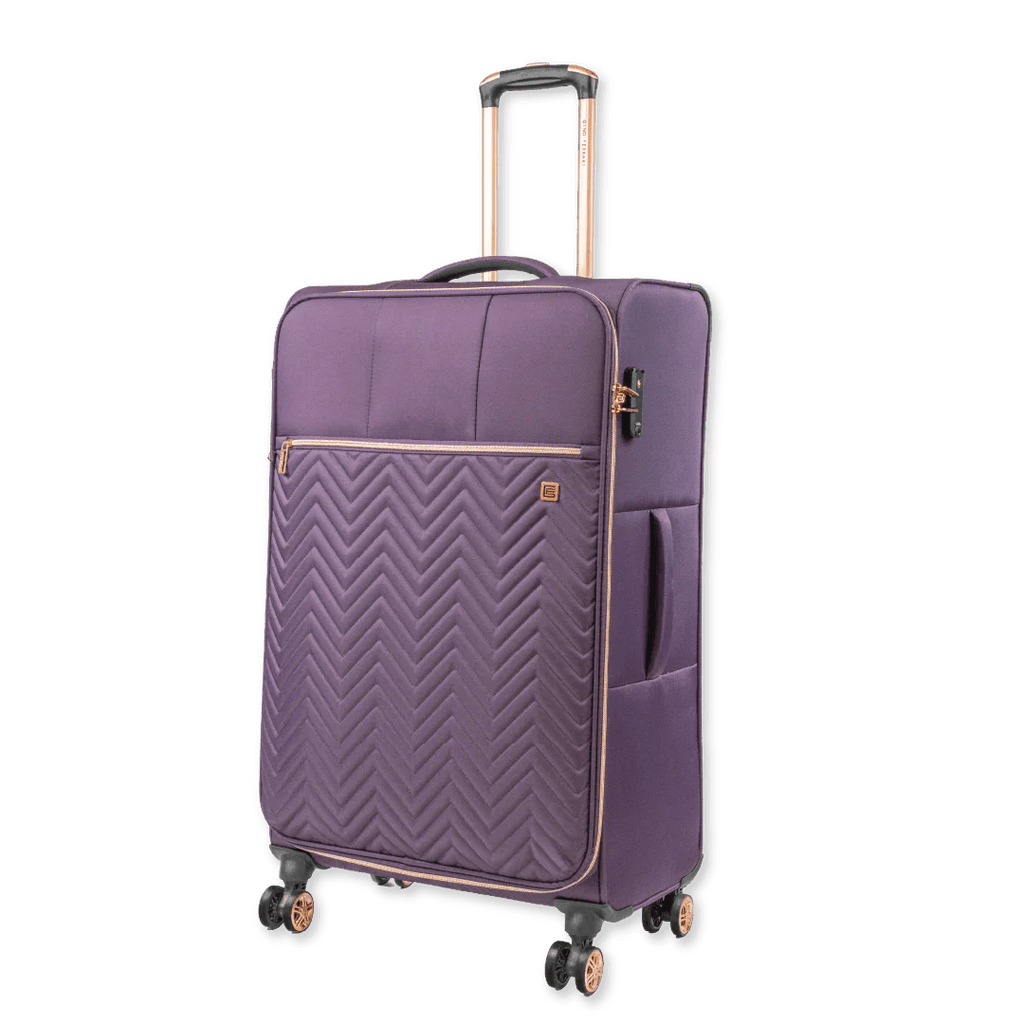 Purple suitcase with a chevron pattern on a white background