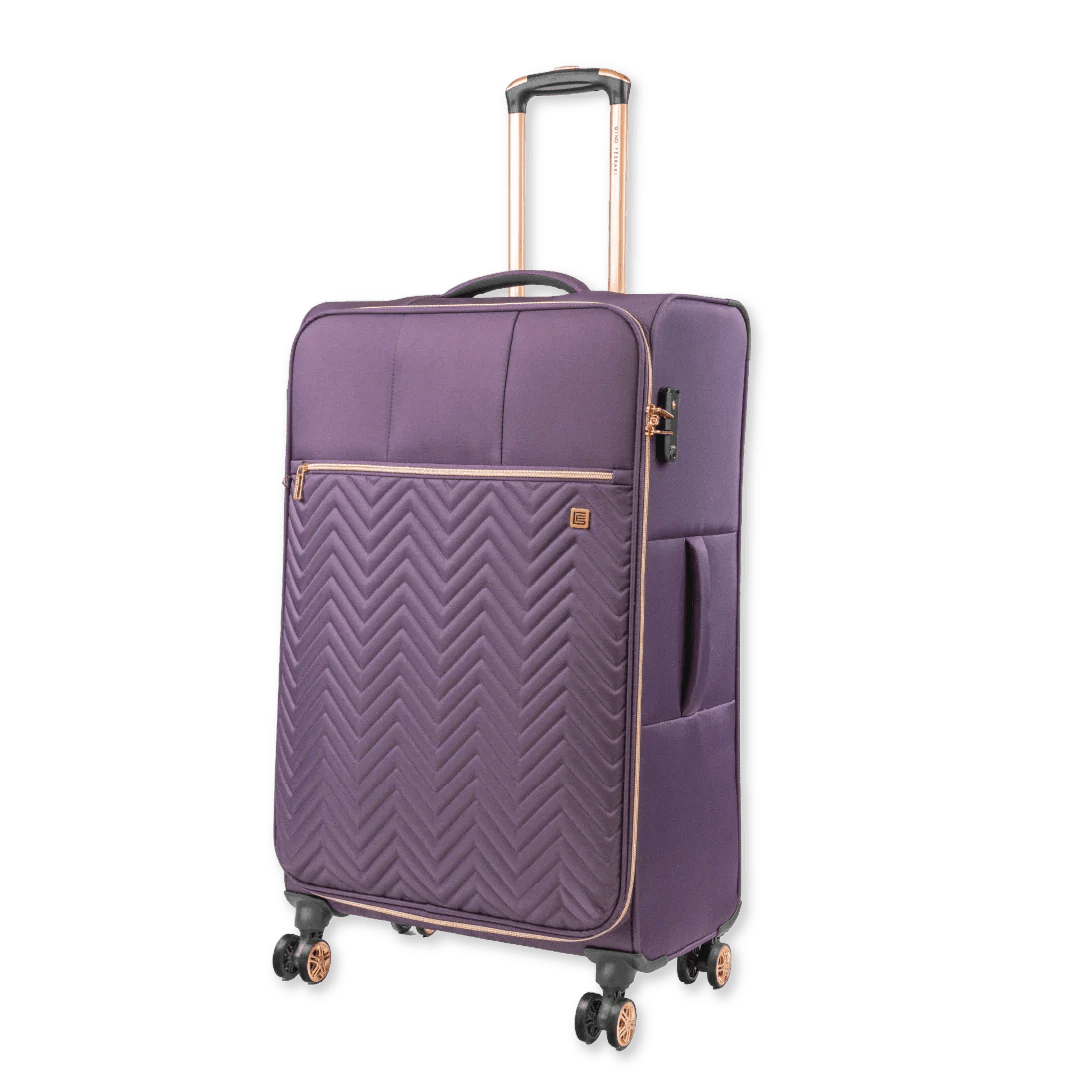 Purple suitcase with a chevron pattern on a white background