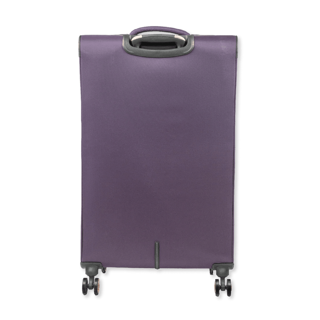 Purple suitcase with wheels on a white background