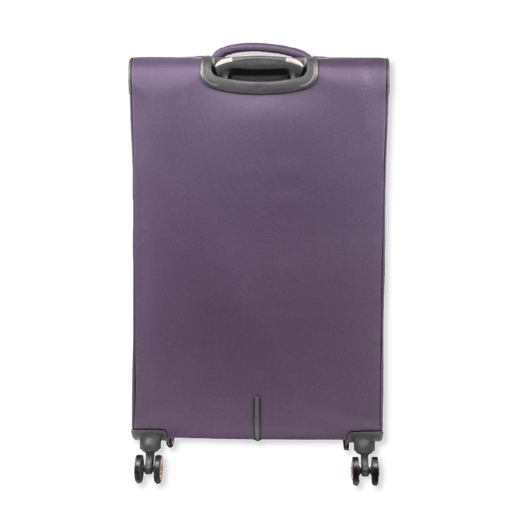 Purple suitcase with wheels on a white background