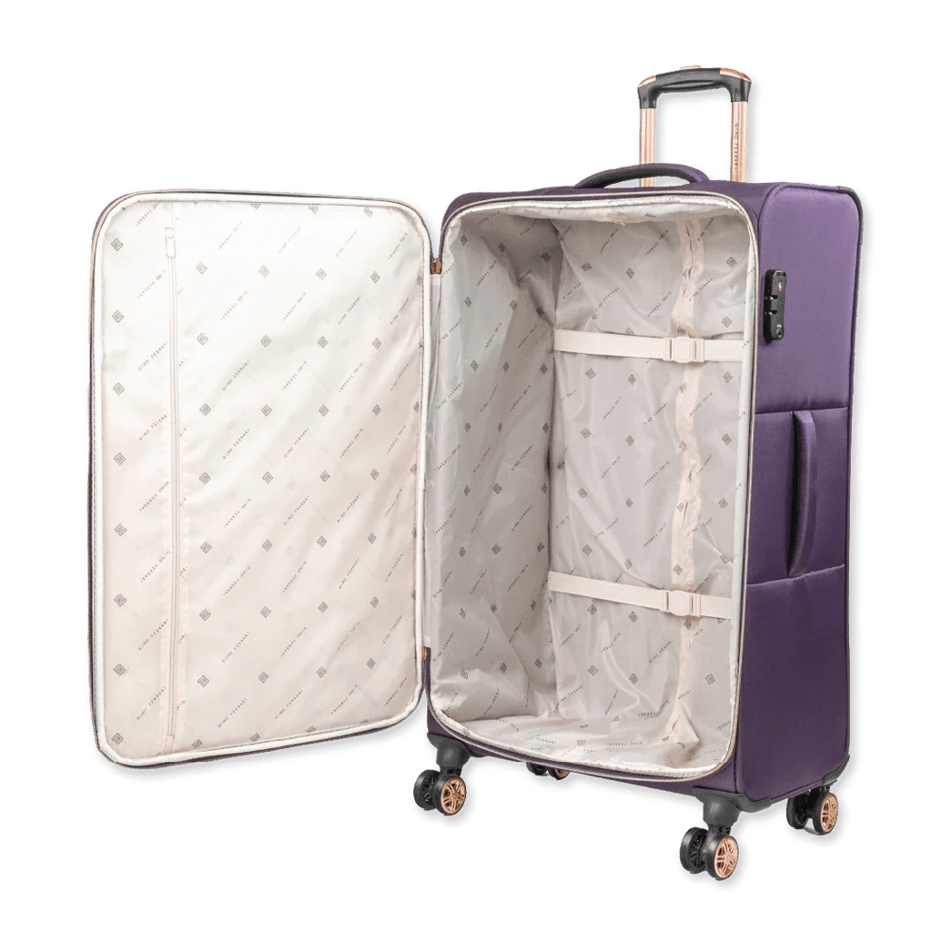 Purple suitcase with open lid on a white background