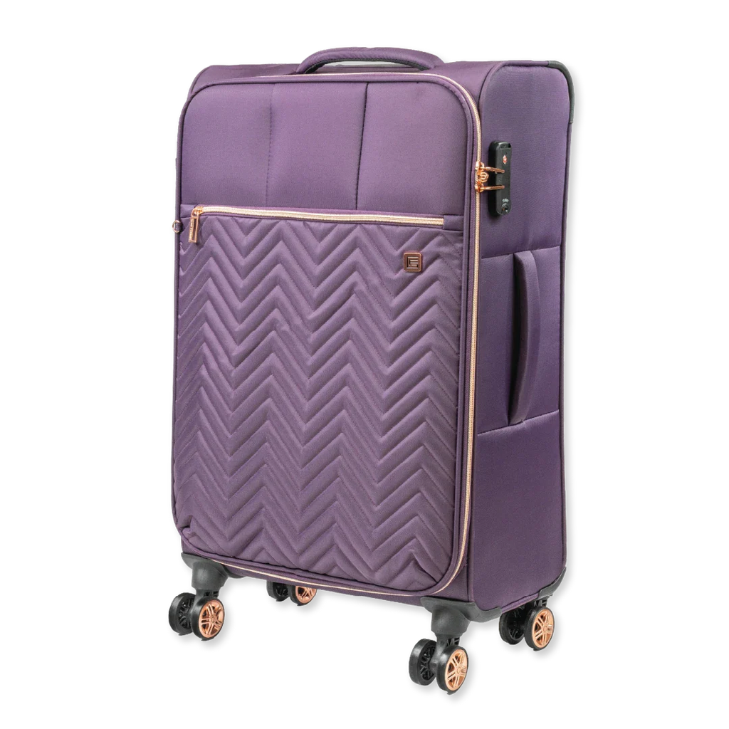 Purple suitcase with a chevron pattern and rose gold accents on a white background