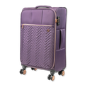 Purple suitcase with a chevron pattern and rose gold accents on a white background