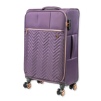 Purple suitcase with a chevron pattern and rose gold accents on a white background