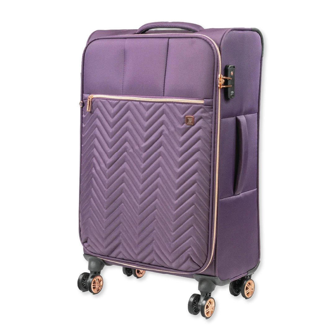 Purple suitcase with a chevron pattern and rose gold accents on a white background