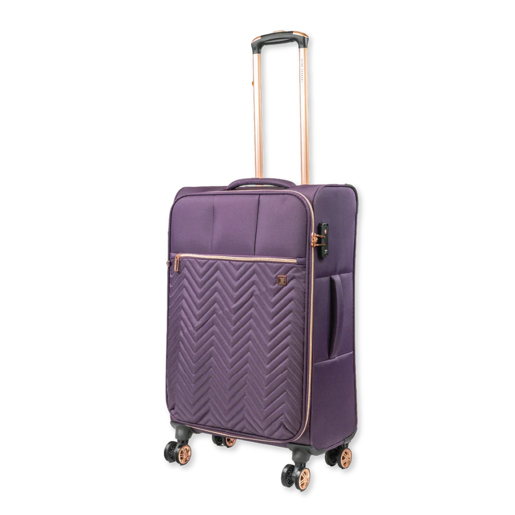 Purple suitcase with a chevron pattern on a white background