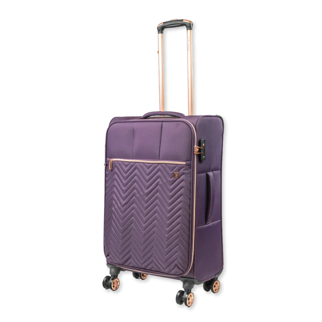 Purple suitcase with a chevron pattern on a white background