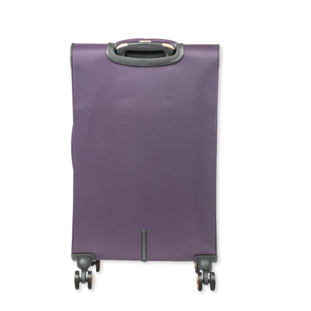 Purple suitcase with wheels on a white background