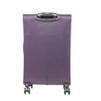 Purple suitcase with wheels on a white background