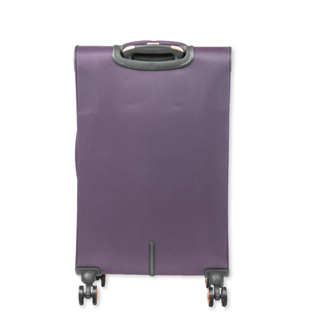 Purple suitcase with wheels on a white background