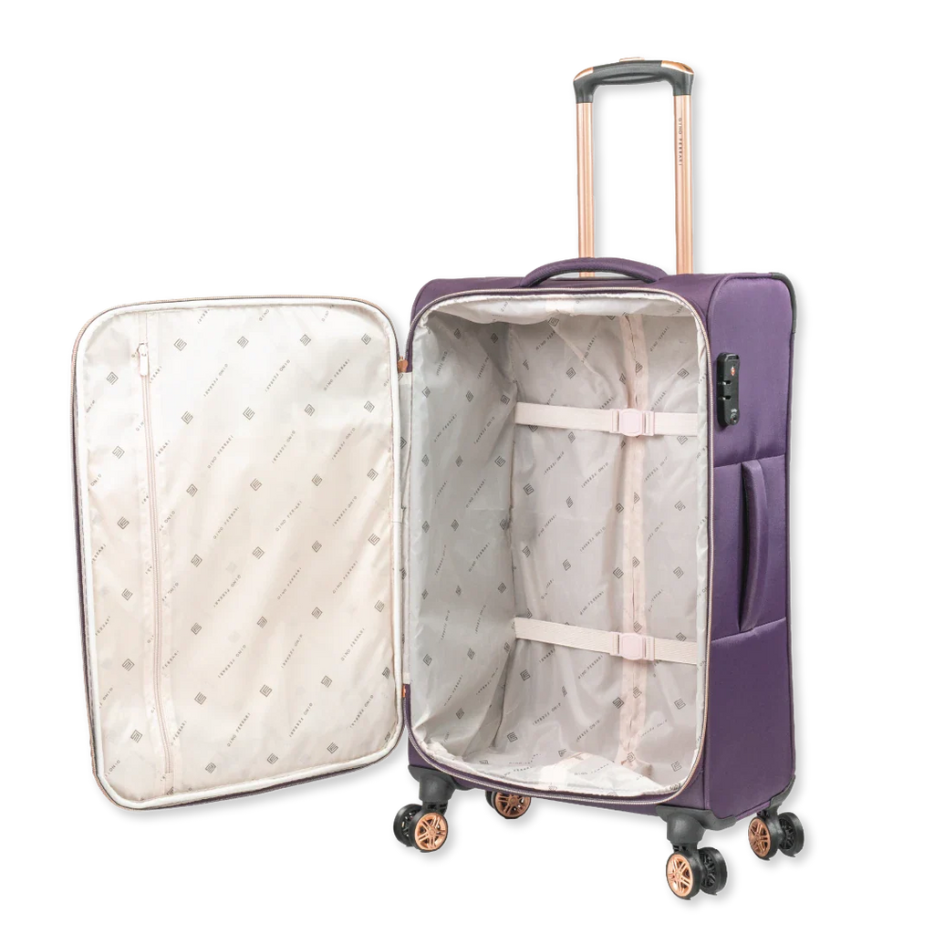 Purple suitcase with open lid showing quilted interior on a white background