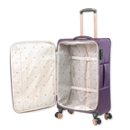 Purple suitcase with open lid showing quilted interior on a white background