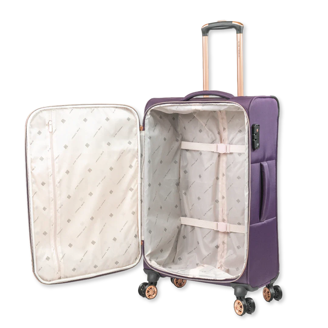 Purple suitcase with open lid showing quilted interior on a white background
