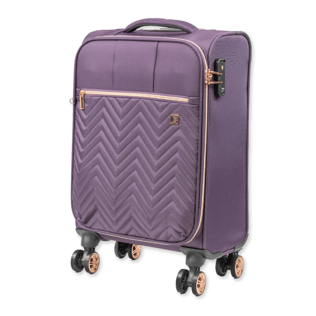 Purple suitcase with a chevron pattern and rose gold accents on a white background