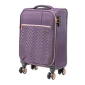 Purple suitcase with a chevron pattern and rose gold accents on a white background