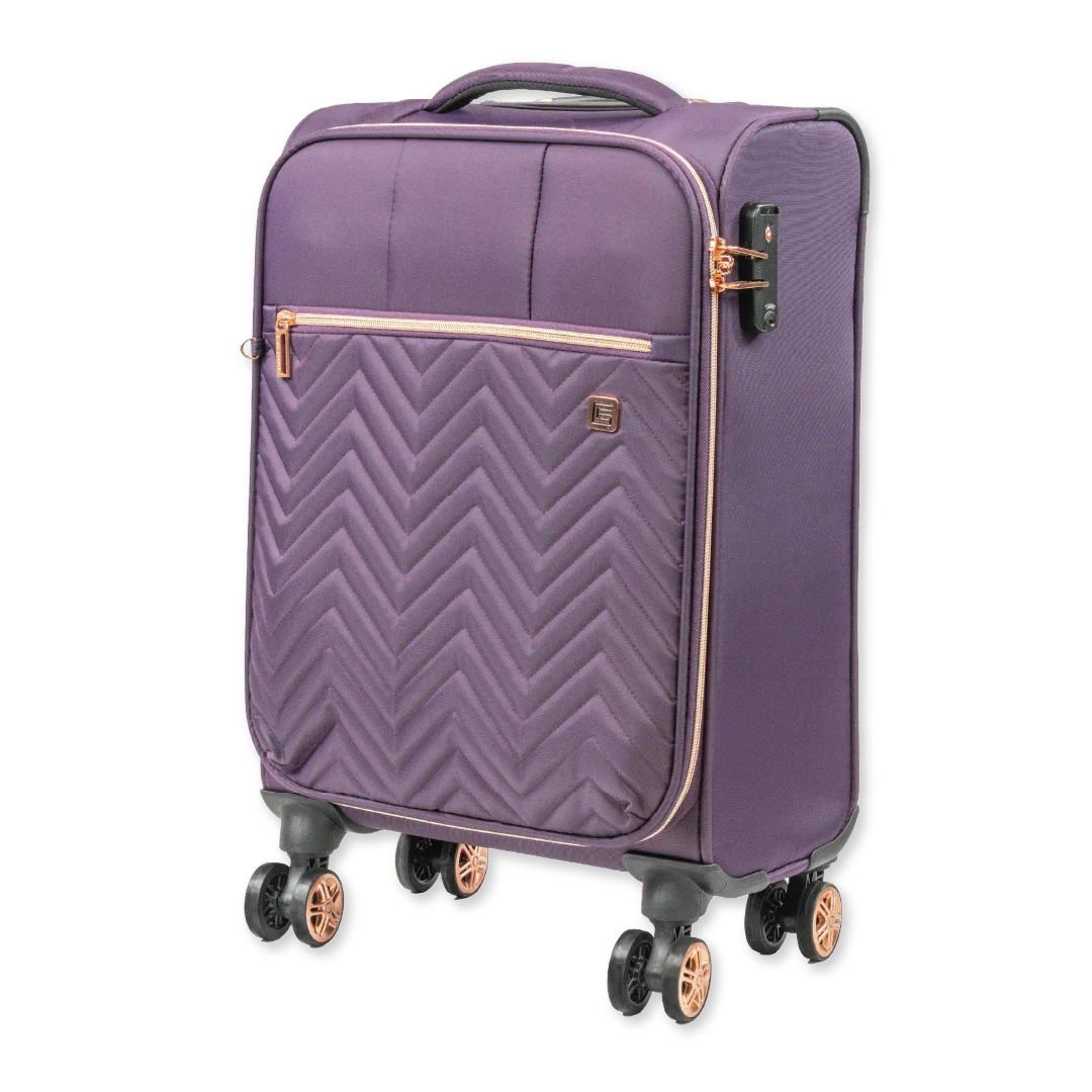 Purple suitcase with a chevron pattern and rose gold accents on a white background