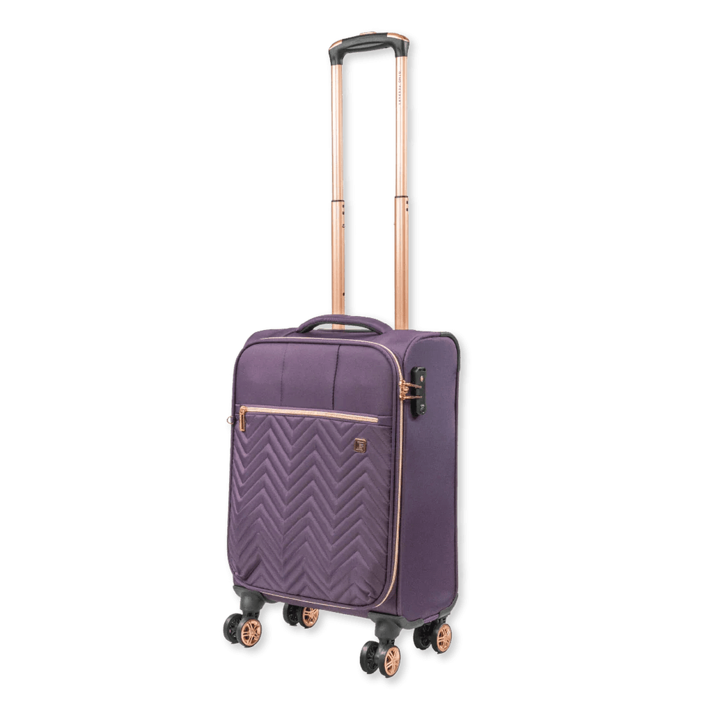 Purple suitcase with rose gold accents on a white background